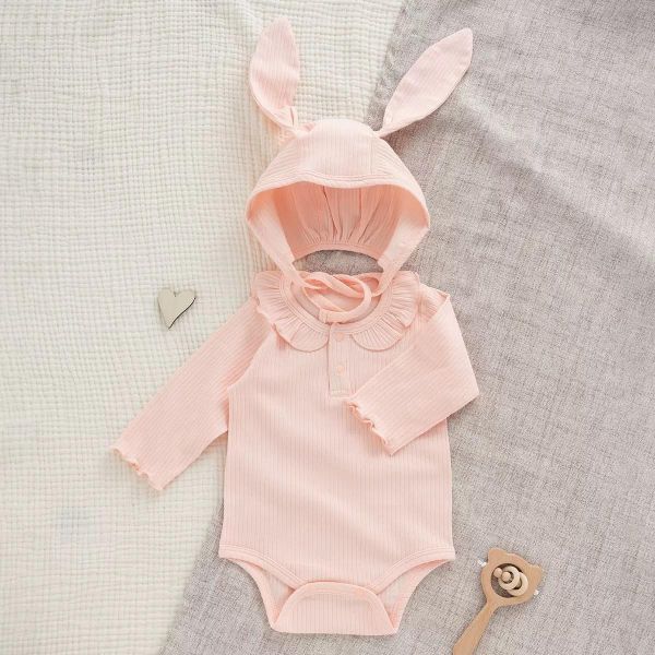 新生兒純棉素色包屁衣+兔耳帽 
