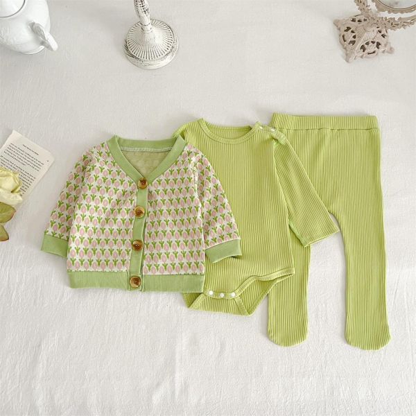 鬱金香外套+素色包屁衣+褲襪三件套 