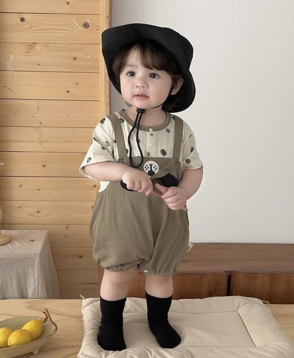 假兩件狗狗點點吊帶包屁衣 