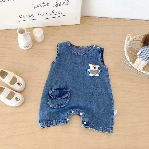 小熊布偶單口袋牛仔連身裝 