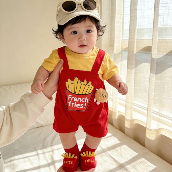 假兩件薯條印花吊帶連身裝+襪 