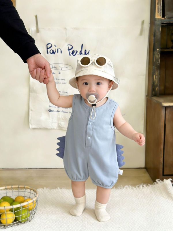 素色恐龍造型開釦棉質連身裝 