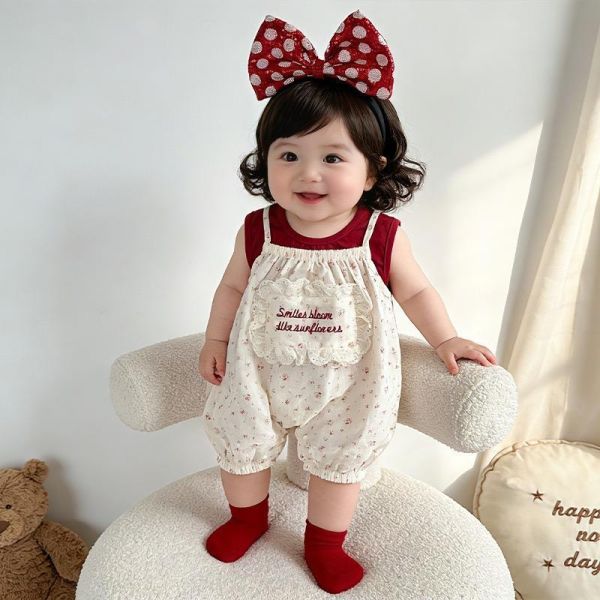 酒紅背心+田園碎花吊帶套裝 