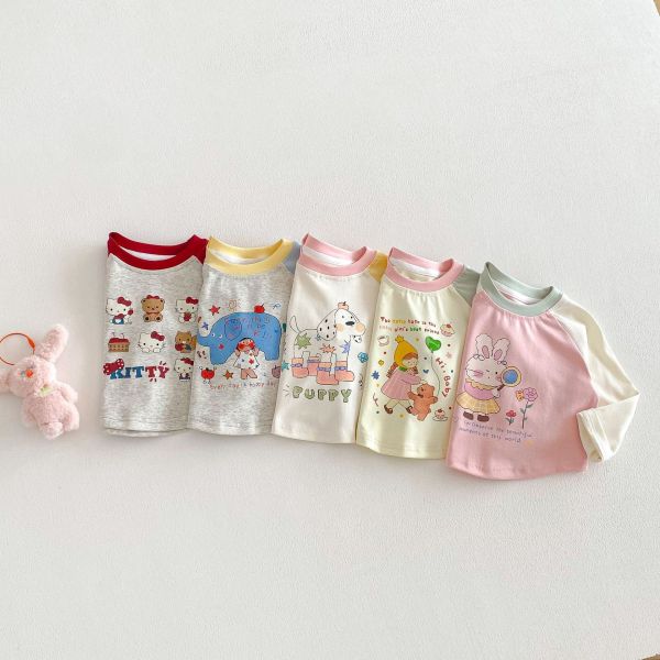 撞色拚袖可愛印花春秋上衣 