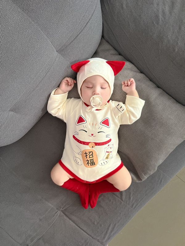 招財貓印花造型包屁衣+帽 