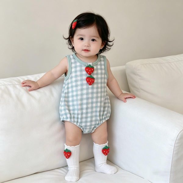 可愛草莓格紋棉質包屁衣 