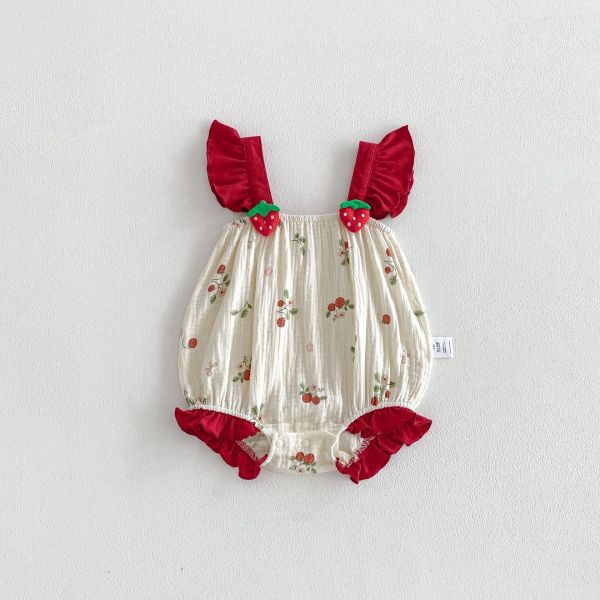 可愛草莓抓皺棉背帶包屁衣 