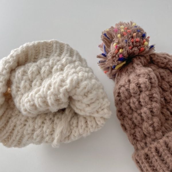 混織大毛球針織反摺毛帽 