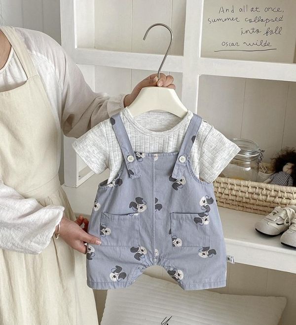 螺紋素上衣+狗狗吊帶短褲套裝 