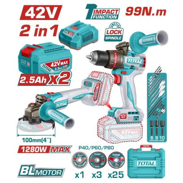 【赫杰國際】TOTAL限時特價-42 V 4吋砂輪機+99Nm震動電鑽雙機組-雙2.5Ah(TCKLI2508181) TOTAL,TOTAL一站式工具,TOTAL工具,TOTAL手工具,TOTAL電動工具,TOTAL鋰電動工具,維修工具,手工具,赫杰國際