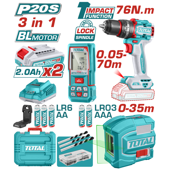【赫杰國際】TOTAL限時特價-20V震動電鑽76Nm+綠光十字墨線儀水平+70m測距儀組-雙2A 47件綜合配件組+磁磚鑽頭 (UTOSLI250511) TOTAL,TOTAL一站式工具,TOTAL工具,TOTAL手工具,TOTAL電動工具,TOTAL鋰電動工具,維修工具,手工具,赫杰國際