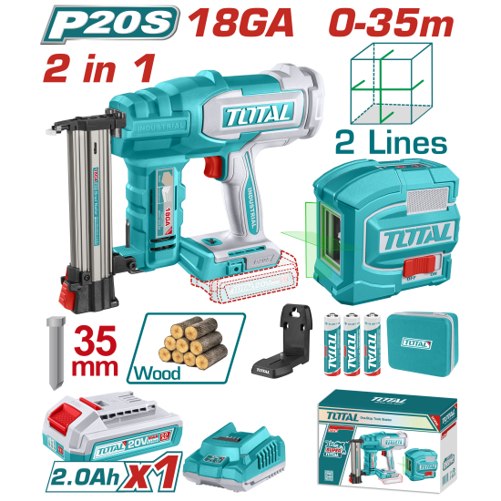 【赫杰國際】TOTAL限時特價-充電式釘槍 木工 F35 20V+墨線儀 綠光 雙線-單2.0Ah套組 (UTOSLI250201) TOTAL,TOTAL一站式工具,TOTAL工具,TOTAL手工具,TOTAL電動工具,TOTAL鋰電動工具,維修工具,手工具,赫杰國際