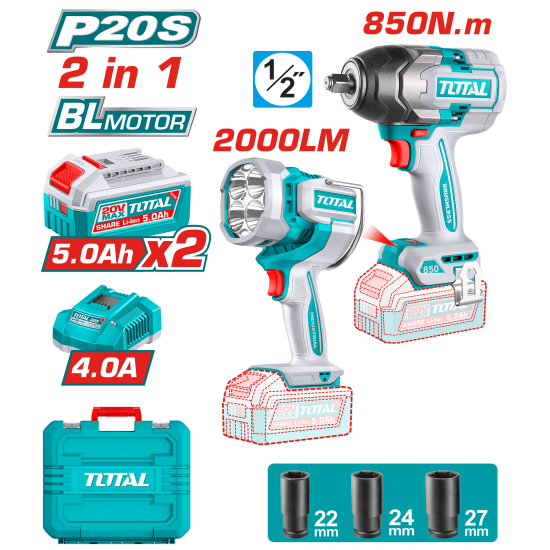【赫杰國際】TOTAL限時特價-充電式衝擊扳手機 850牛頓 +充電式手持工作燈 2000流明 -雙5.0Ah套裝組 (UTOSLI2509838) TOTAL,TOTAL一站式工具,TOTAL工具,TOTAL手工具,TOTAL電動工具,TOTAL鋰電動工具,維修工具,手工具,赫杰國際