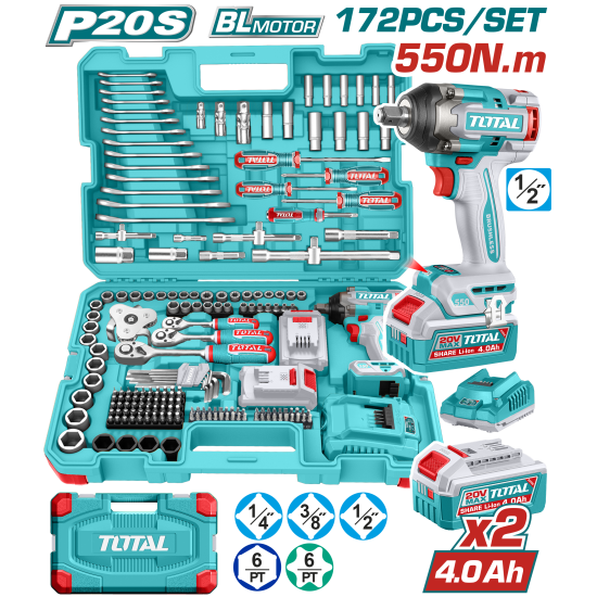 【赫杰國際】TOTAL限時特價-20V 充電式衝擊板手機550Nm+172件配件組-雙4.0Ah套裝 (UTHKTHP41728) TOTAL,TOTAL一站式工具,TOTAL工具,TOTAL手工具,TOTAL電動工具,TOTAL鋰電動工具,維修工具,手工具,赫杰國際