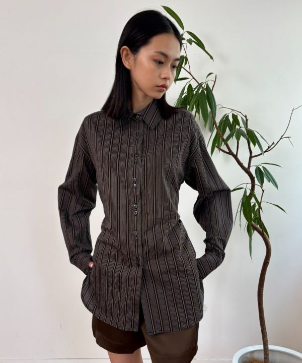 後綁帶收腰條紋襯衫 