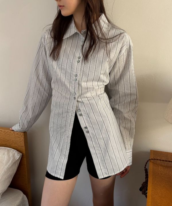 後綁帶收腰條紋襯衫 