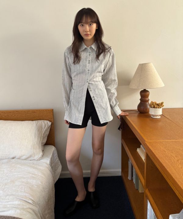 後綁帶收腰條紋襯衫 