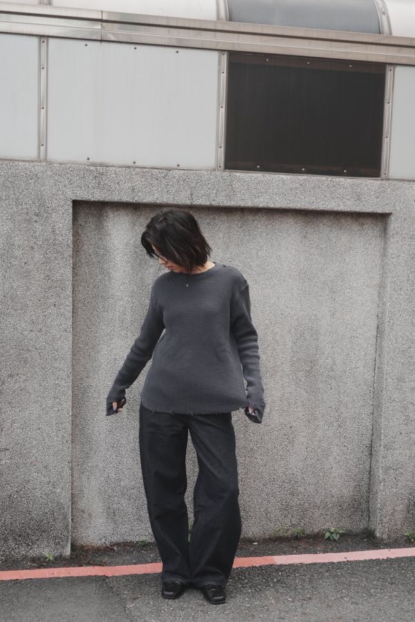 做舊破損華夫格彈性長T 