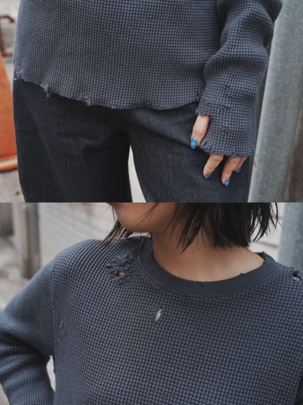 做舊破損華夫格彈性長T 