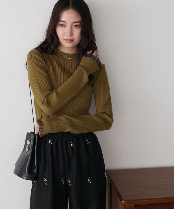 薄紗荷葉邊袖口羅紋針織套頭衫 