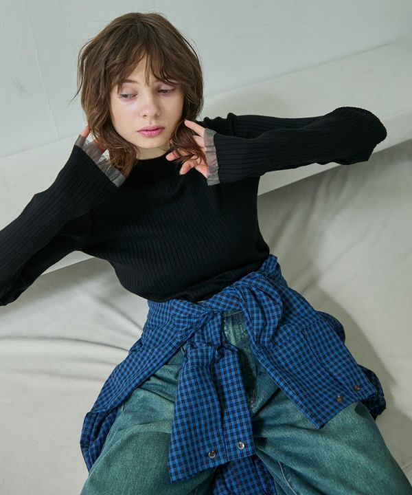 薄紗荷葉邊袖口羅紋針織套頭衫 