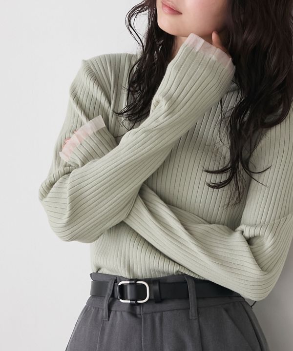 薄紗荷葉邊袖口羅紋針織套頭衫 