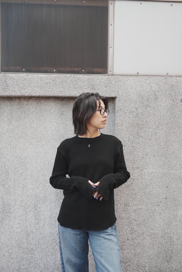 做舊破損華夫格彈性長T 