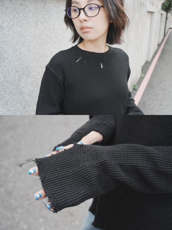 做舊破損華夫格彈性長T 