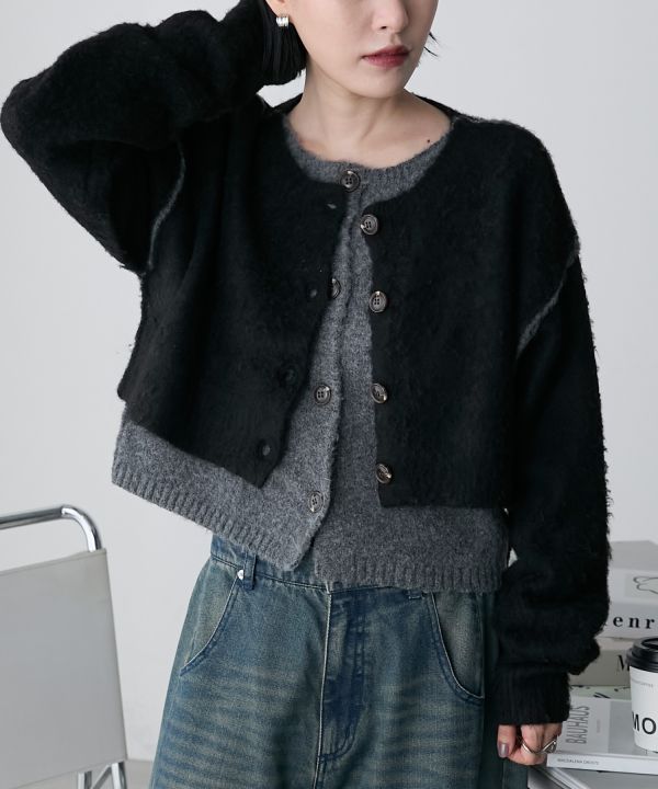 混色拉絨疊層針織開襟衫 