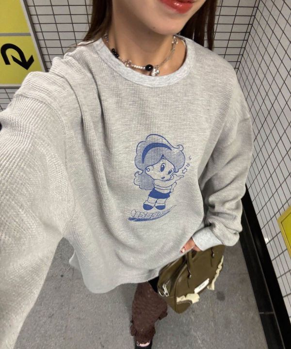 復古印花華夫格長T 