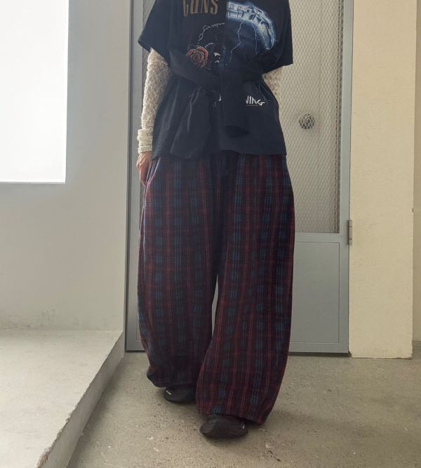 設計師檔口 格紋鬆緊氣球褲 