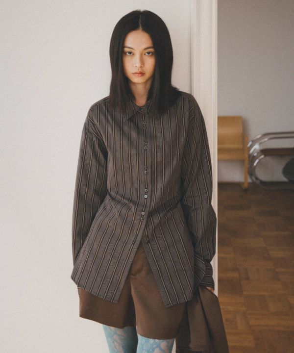 後綁帶收腰條紋襯衫 