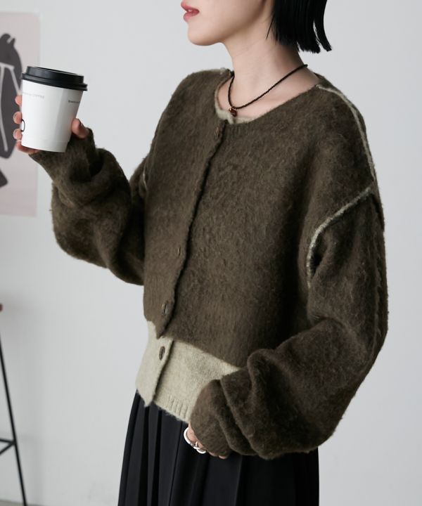 混色拉絨疊層針織開襟衫 