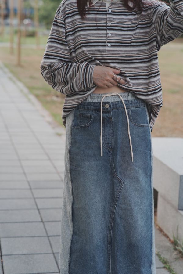 棉布牛仔拼接長裙 