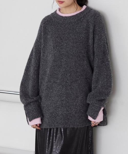 撞色假兩件寬鬆針織上衣 