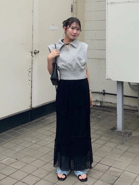 拼接紗線直筒裙 
