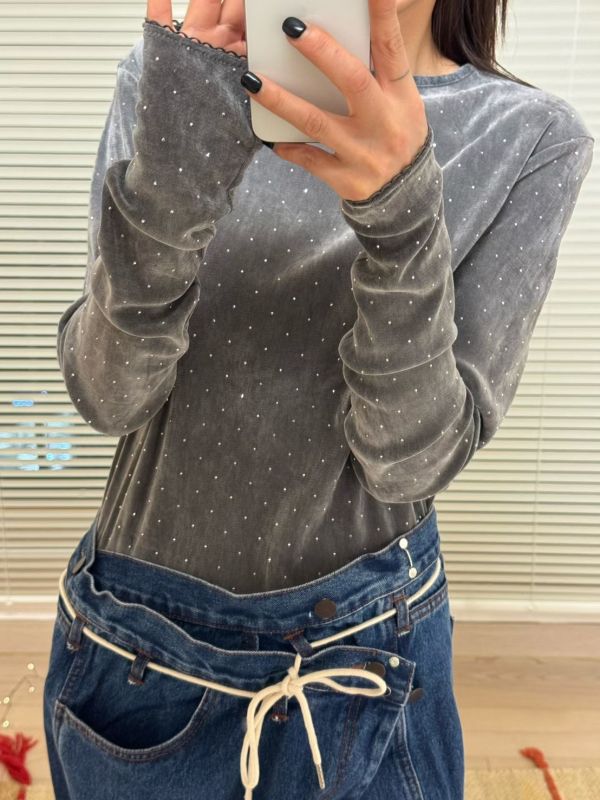 設計師檔口 爆鑽細閃絨面薄長T 