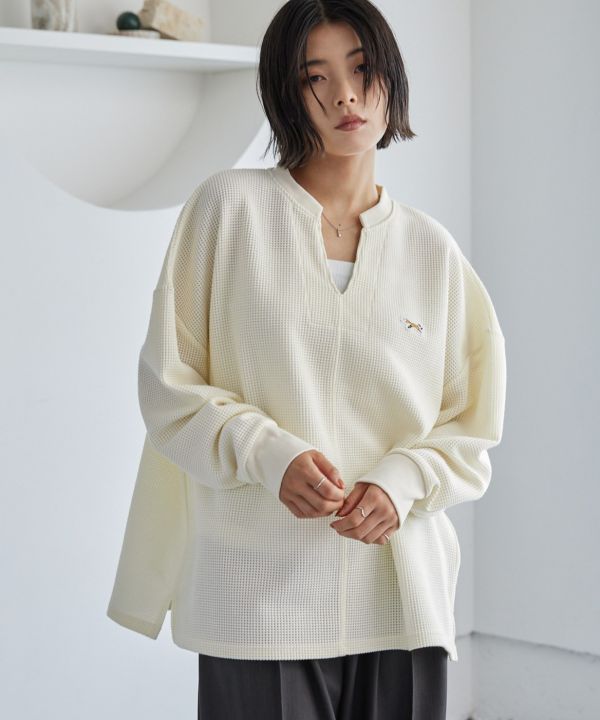 華夫格小V領長袖上衣 