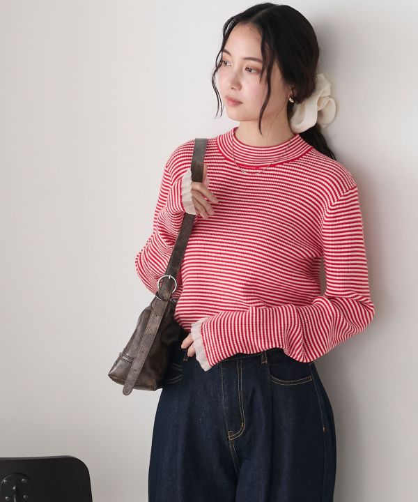 薄紗荷葉邊袖口羅紋針織套頭衫 