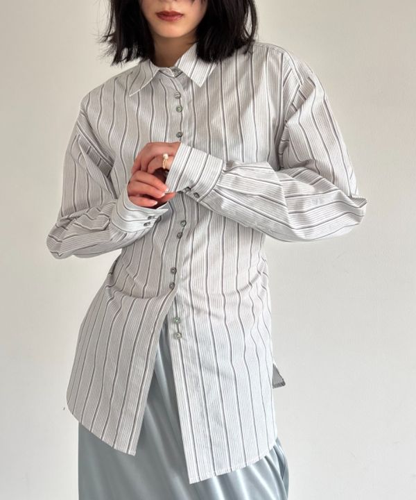 後綁帶收腰條紋襯衫 