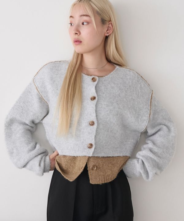 混色拉絨疊層針織開襟衫 