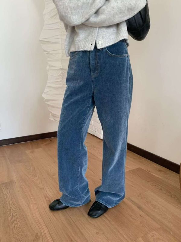 抓絨霧藍直筒褲 