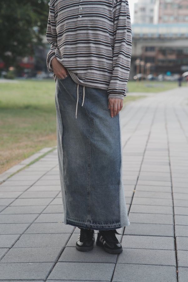 棉布牛仔拼接長裙 