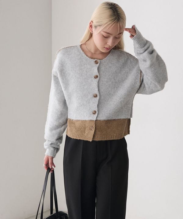 混色拉絨疊層針織開襟衫 