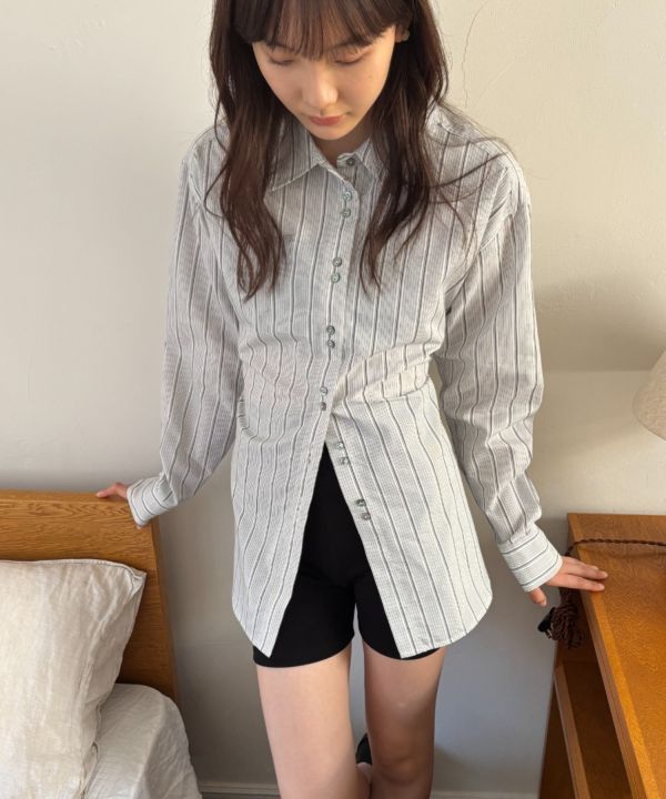 後綁帶收腰條紋襯衫 