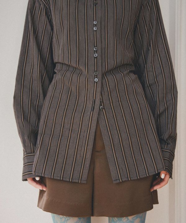 後綁帶收腰條紋襯衫 