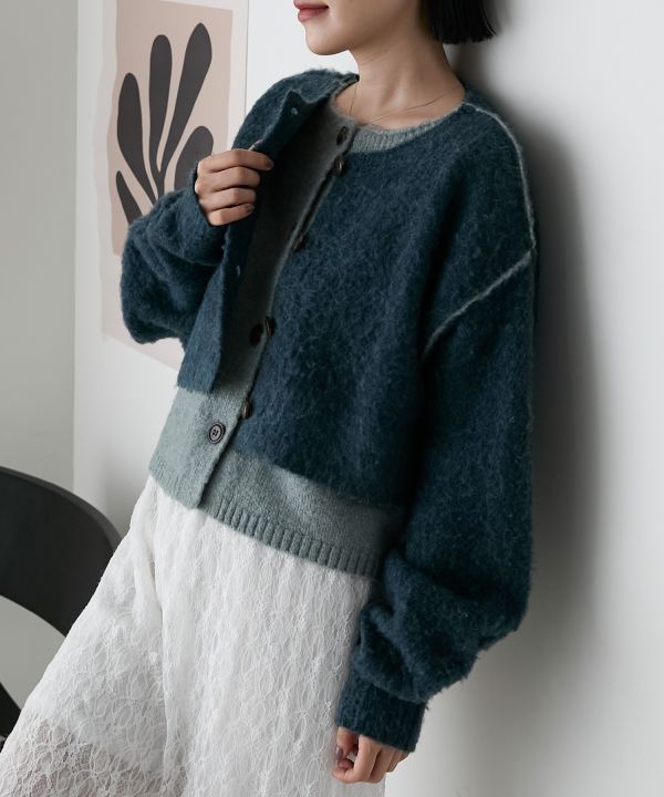 混色拉絨疊層針織開襟衫 