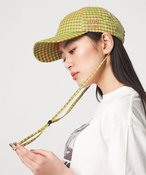 格紋抽繩帽 
