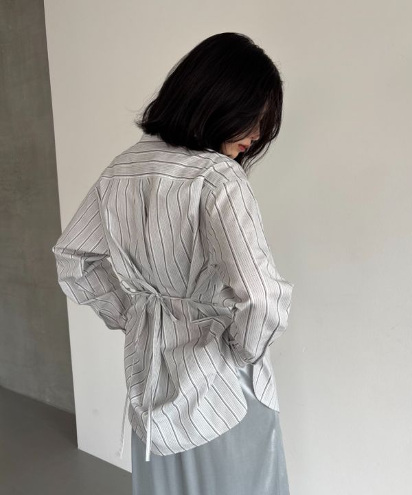 後綁帶收腰條紋襯衫 