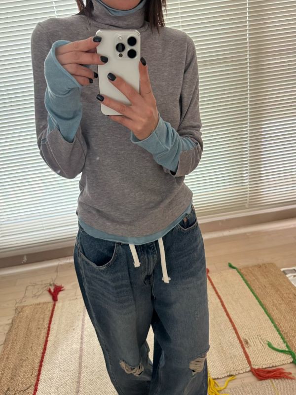 假兩件設計小高領打底衣 